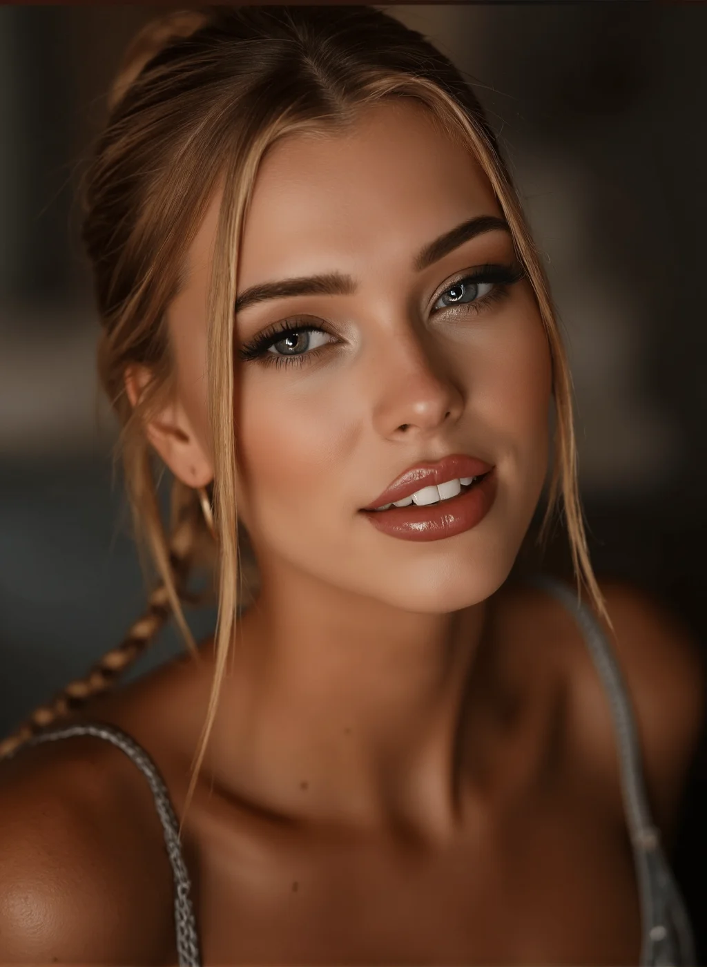 BrooklynMixer, ultra high definition and ultra realistic photo of a gorgeous young woman looking at the viewer with a seductive smile. Incredibly detailed zoomed in professional photo of her face.