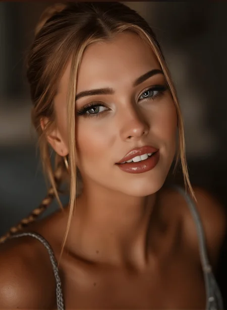 BrooklynMixer, ultra high definition and ultra realistic photo of a gorgeous young woman looking at the viewer with a seductive smile. Incredibly detailed zoomed in professional photo of her face.