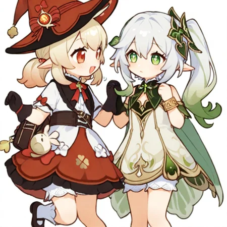 masterpiece, very awa,simple background,white background,chibi,cute,adorable,2 girls, duo,
BREAK
klee \(blossoming starlight\) \(genshin impact\),bloomers, black gloves, kneehighs, mary janes, witch hat, red skirt, white shirt, shawl, waist apron, bag,
BREAK
Nahida_(Genshin_Impact),green_eyes, white_hair, gradient_hair, long_hair, cross-shaped_pupils, side_ponytail, flat_chest, pointy_ears,green_eyes, white_hair, gradient_hair, long_hair, cross-shaped_pupils, side_ponytail, flat_chest, pointy_ears, hair_leaf, hair_ornament, two-tone_dress, detached_sleeves, sleeveless, green_cape, white_bloomers, bracelet