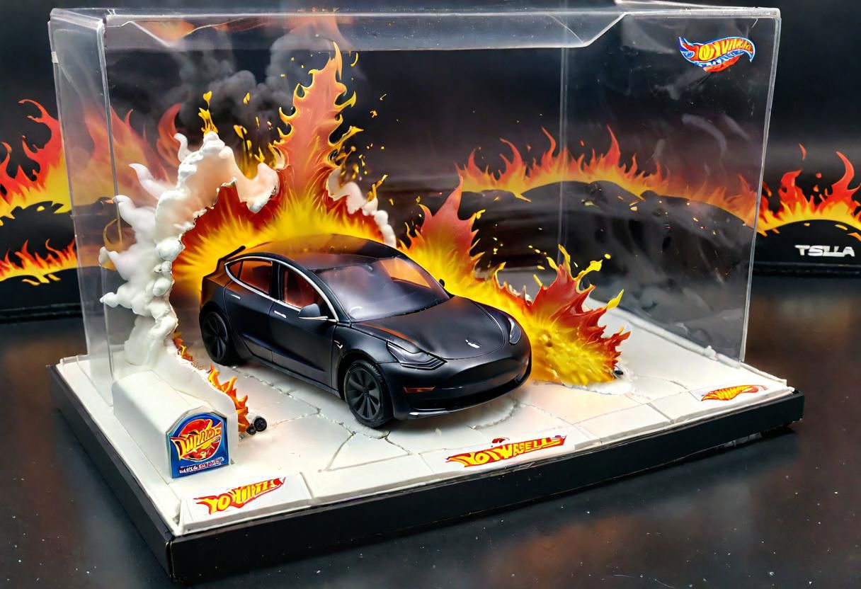 Hot Wheels toy car company have made a toy car version of a Tesla Model 3, The toy telsa model 3 car comes in a mini display unit/box. The car is exploding into fire and flames, white smoke fills the top of the display box, (realistic explosion from car), (realistic Flames bellow from the car windows inside the display unit),  (standing next to the car is a little palstic toy man, he holds both arms in the air,