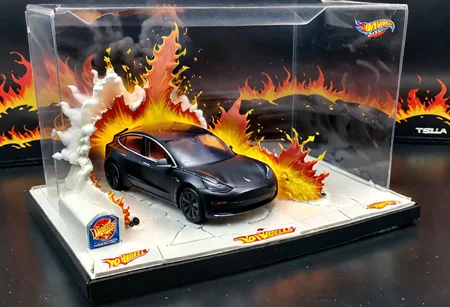 Hot Wheels toy car company have made a toy car version of a Tesla Model 3, The toy telsa model 3 car comes in a mini display unit/box. The car is exploding into fire and flames, white smoke fills the top of the display box, (realistic explosion from car), (realistic Flames bellow from the car windows inside the display unit), (standing next to the car is a little palstic toy man, he holds both arms in the air,