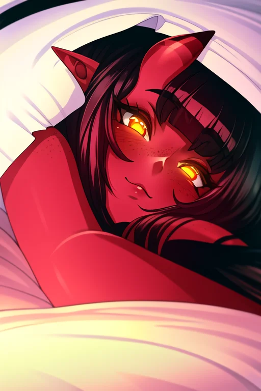 masterpiece, best quality, a portrait of meru, merunyaa, under covers, black hair, breasts, demon girl, demon tail, freckles, horns, mole, pointy ears, red skin, solo, orange eyes