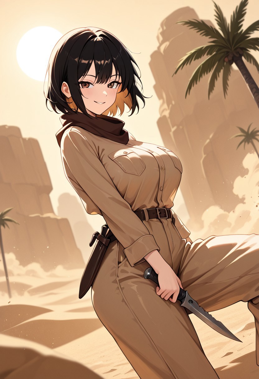 masterpiece, best quality, good quality, very aesthetic, absurdres, newest, 8K, depth of field,  in the style of cknc, artist:moriimee, in the style of cksc, 
1girl, short black hair, messy, brown eyes, large breasts, bouncy, leather bandana, tattered cloak, sandy skin, wielding dagger, smirking, looking at viewer, from side
BREAK
desert oasis, palm trees, sandstorm brewing
BREAK
warm light, golden tones, high contrast, dusty haze, rich details, adventurous vibe