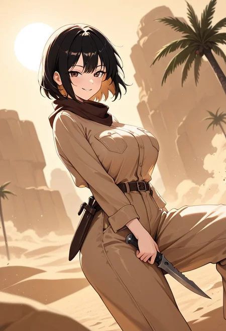 masterpiece, best quality, good quality, very aesthetic, absurdres, newest, 8K, depth of field, in the style of cknc, artist:moriimee, in the style of cksc,
1girl, short black hair, messy, brown eyes, large breasts, bouncy, leather bandana, tattered cloak, sandy skin, wielding dagger, smirking, looking at viewer, from side
BREAK
desert oasis, palm trees, sandstorm brewing
BREAK
warm light, golden tones, high contrast, dusty haze, rich details, adventurous vibe