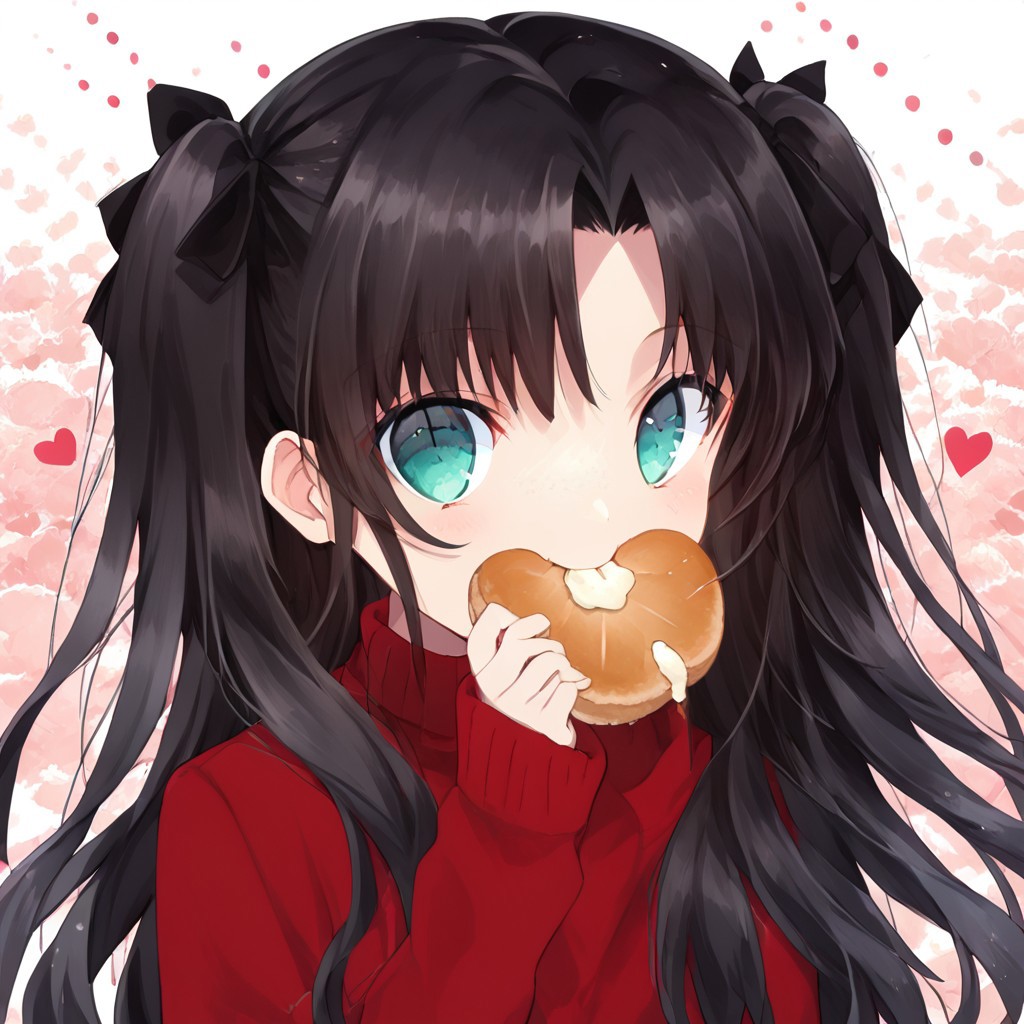score_9, score_8_up, score_8, score_7_up, 
1girl, solo, ChopioTohsakaRin, black hair, long hair, two side up, parted bangs, hair ribbon, aqua eyes, looking at viewer, outfit_2, red sweater, turtleneck, cross, long sleeves, black skirt, pleated skirt, black thighhighs, polka dots background, smile, eating, bread, loaf, eating, close shot, cute girl, looking at viewer,
cute, kawaii, hearts,