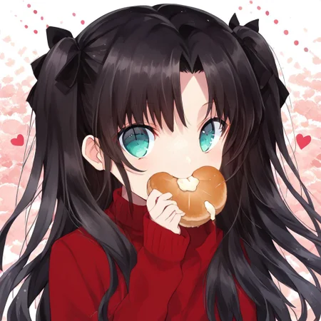 score_9, score_8_up, score_8, score_7_up, 
1girl, solo, ChopioTohsakaRin, black hair, long hair, two side up, parted bangs, hair ribbon, aqua eyes, looking at viewer, outfit_2, red sweater, turtleneck, cross, long sleeves, black skirt, pleated skirt, black thighhighs, polka dots background, smile, eating, bread, loaf, eating, close shot, cute girl, looking at viewer,
cute, kawaii, hearts,
