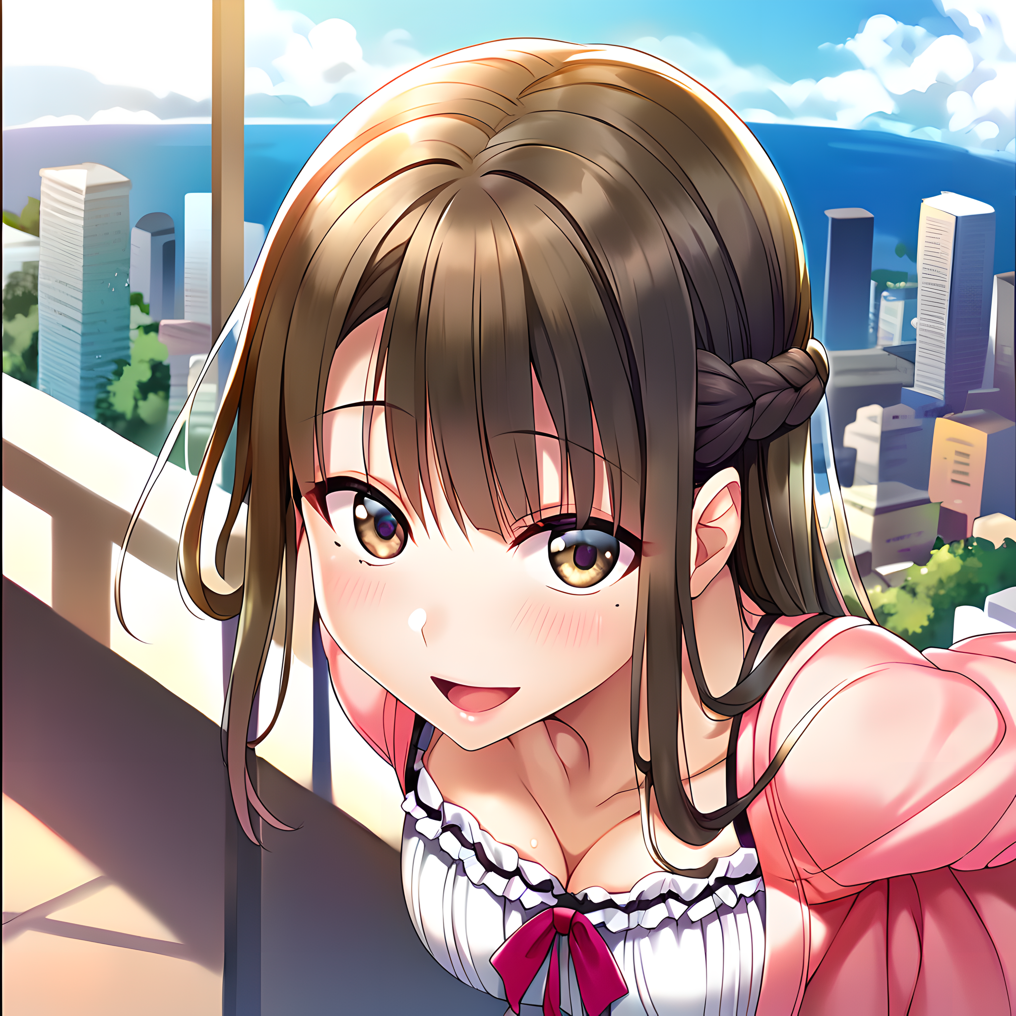 <lora:pony_xl_ayame:0.8>,ayame,score_9,score_8_up,score_7_up,source_anime,1girl,looking_at_viewer,cityscape,observation deck,sky,blouse,it's a lot of fun,laughing,parted_lips,arms_behind_back,leaning_forward,standing,
