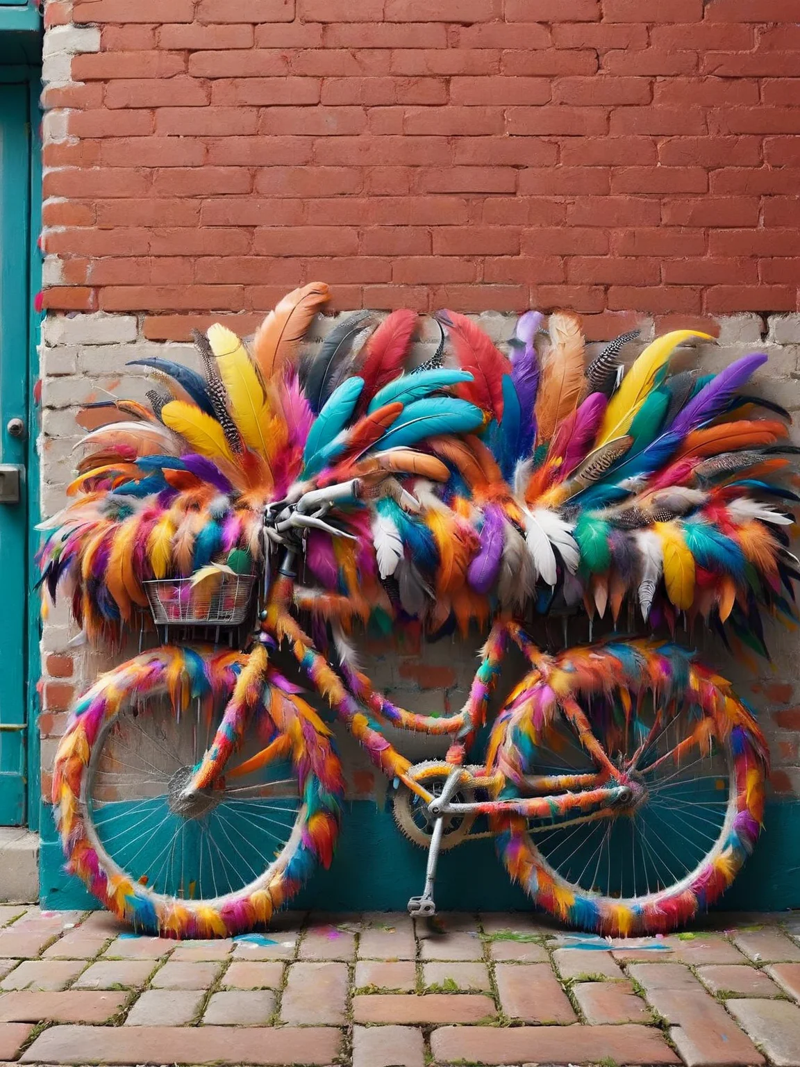 ais-featherz bicycle,leaning against a brightly painted brick wall <lora:Feathers_Glue_SDXL:1>