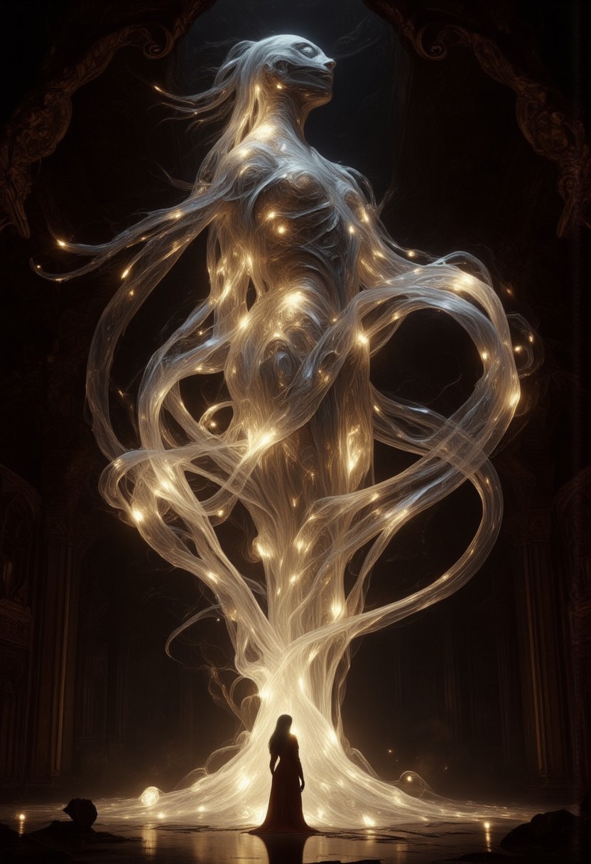 An ethereal, glowing, ghostly, otherworldly presence of a woman like creature, with glowing silver strands of metallic hair, softly glowing in a dimly lit room. She has no skin, she is made up of ethereal tendrils of smoke, glowing plasma, light and mist that undulating and shifts, as if she exists between worlds, with soft, shimmering edges blending into the shadows. Her eyes are deep and luminous orbs, filled with warmth and mystery, as she gazes directly at you, her lips curved in something resembling a gentle, knowing smile. She is wrapped in a glowing, linen shroud. The room is bathed in a soft, mystical glow, with faint, swirling patterns of ethereal light surrounding her, adding to her supernatural allure. Floating through space. There is also a small woman in the room, with dark hair and dressed in a flowing red robe, looking up at the larger than life ethereal creature and basking in her glow.
