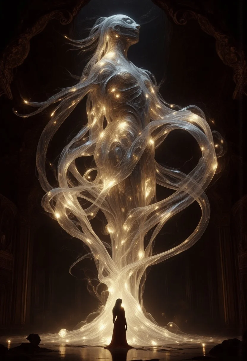 An ethereal, glowing, ghostly, otherworldly presence of a woman like creature, with glowing silver strands of metallic hair, softly glowing in a dimly lit room. She has no skin, she is made up of ethereal tendrils of smoke, glowing plasma, light and mist that undulating and shifts, as if she exists between worlds, with soft, shimmering edges blending into the shadows. Her eyes are deep and luminous orbs, filled with warmth and mystery, as she gazes directly at you, her lips curved in something resembling a gentle, knowing smile. She is wrapped in a glowing, linen shroud. The room is bathed in a soft, mystical glow, with faint, swirling patterns of ethereal light surrounding her, adding to her supernatural allure. Floating through space. There is also a small woman in the room, with dark hair and dressed in a flowing red robe, looking up at the larger than life ethereal creature and basking in her glow.
