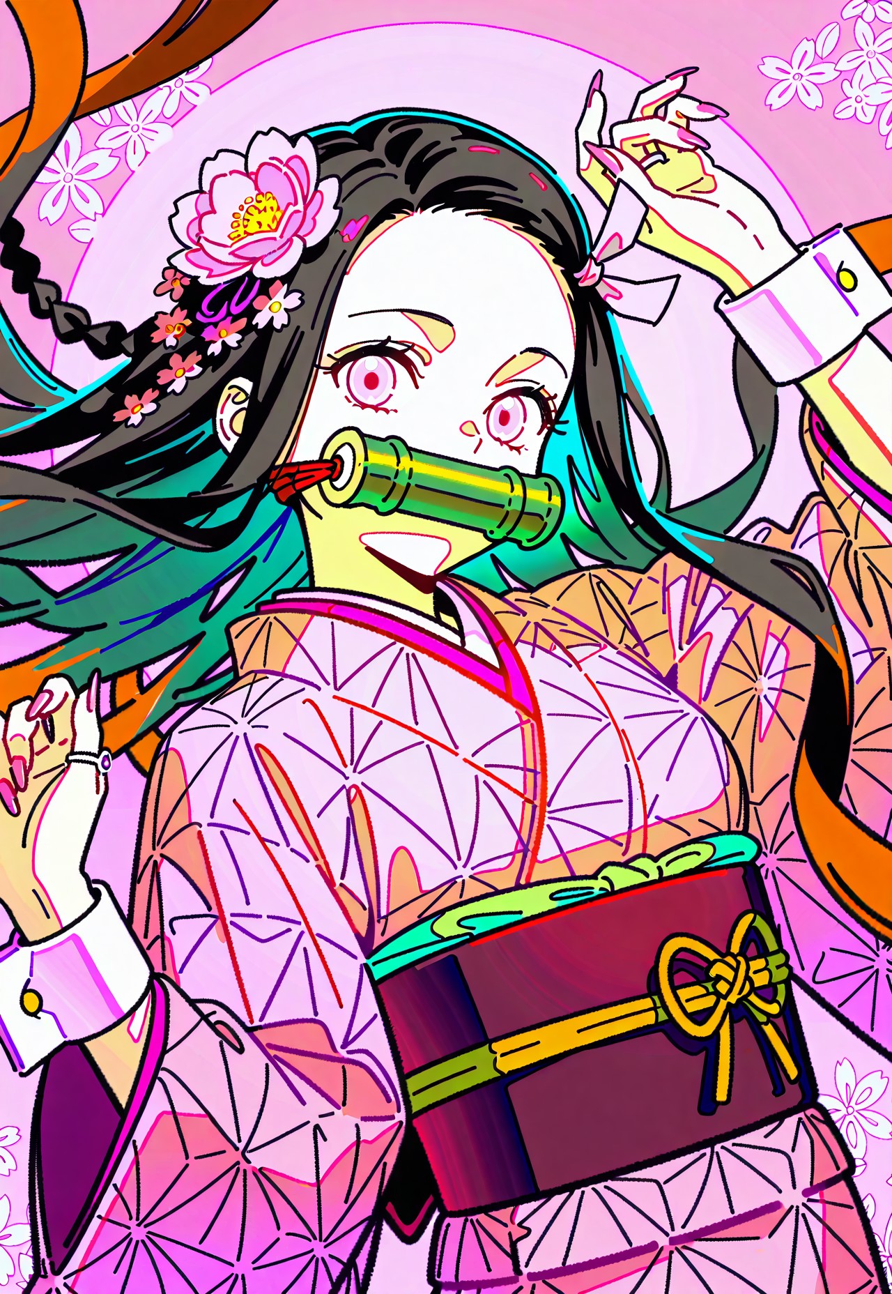 WALLPPR_ST, detailed background, best quality, very aesthetic, high resolution, ultra-detailed, absurdres, newest, detailed eyes, beautiful, perfect lighting, hi res, amazing quality, very awa, painting_(artwork), dynamic angle, dynamic pose, kamado nezuko, 1girl, bit gag, pink eyes, japanese clothes, hair flower, hair ornament, bamboo, pink ribbon, black hair, asa no ha (pattern), pink kimono, jewelry, hair ribbon, ring, looking at viewer, long hair, multicolored hair, gagged, braid, pink background, pink flower, pink nails, upper body, long sleeves, wrist cuffs, nail polish, forehead, alternate costume, print kimono, sharp fingernails
