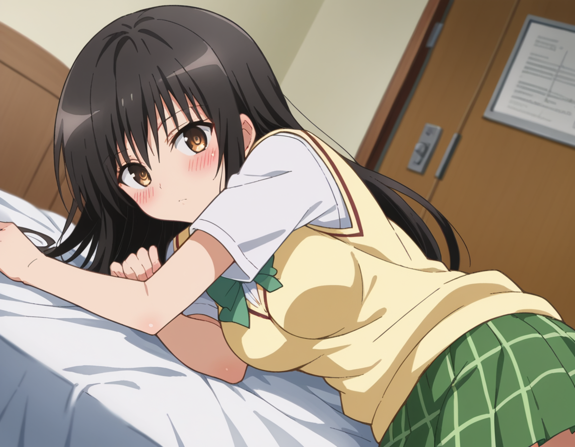 score_9, score_8_up, score_7_up, source_anime,
yuikotegawa, <lora:yui-kotegawa-darkness-ponyxl-lora-nochekaiser:1>,
yui kotegawa, black hair, brown eyes, long hair,
green skirt, plaid, plaid skirt, sainan high school uniform, school uniform, skirt, sweater vest, yellow sweater, short sleeves,
indoors, bed, bed room, on side, blush, drunk,
looking at viewer, dutch angle, cowboy shot,