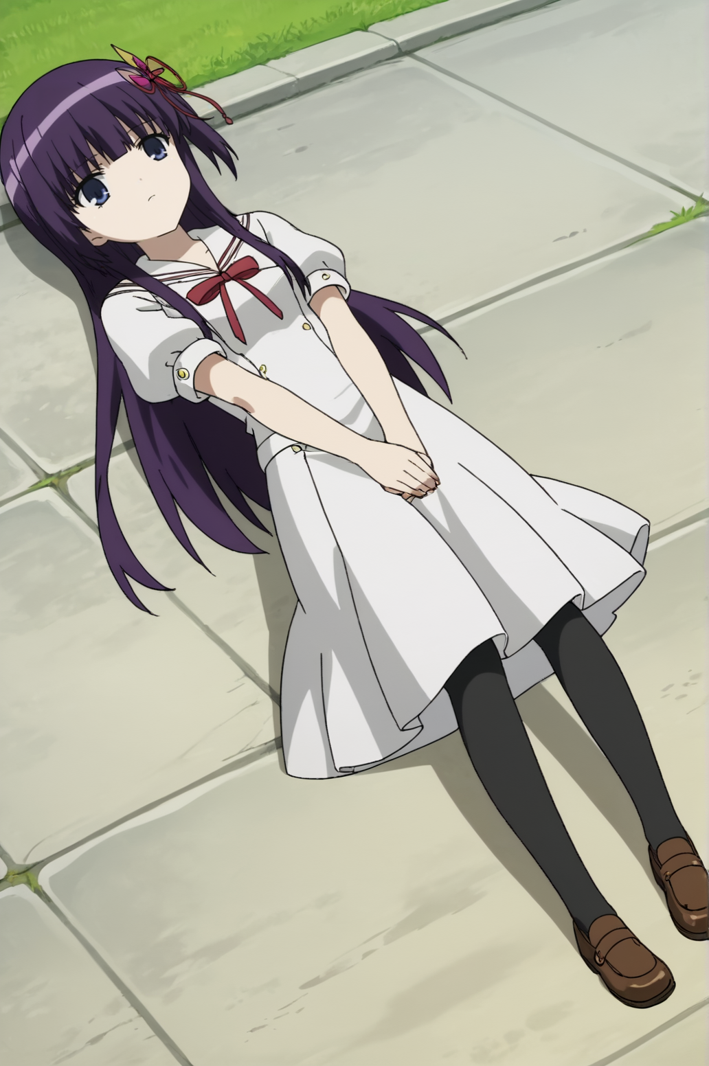 score_9, score_8_up, score_7_up,anime_source, source_anime, best background, detailed background, anime screencap,  Nemuru, Ookami school outfit, outdoors, laying down, white dress, full body, dynamic angle, <lora:JN_ookami_kakushi:0.8>