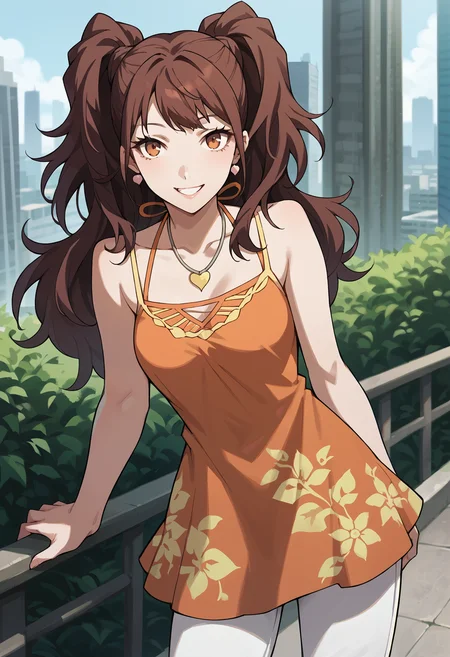 score_9, score_8_up, score_7_up, score_6_up, score_5_up, score_4_up, source_anime
1 girl, solo,
p4rise, kujikawa rise, twintails, long hair, brown hair, earrings
p4rise-sumcas, heart necklace, pendant, dress, short dress, orange dress, halterneck, spaghetti straps, flower print, pants, capri pants, white pants,
outdoors, cityscape, trees, greenery, standing, cowboy shot, looking at viewer, smile,
masterwork, masterpiece, best quality, hyper-detailed