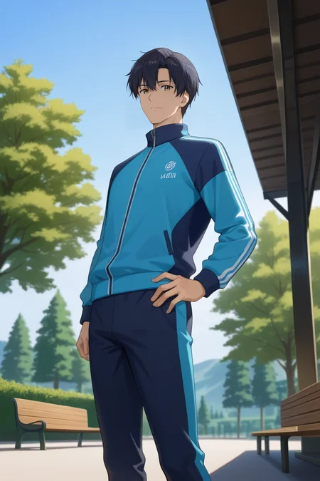 masterpiece, best quality, amazing quality, very aesthetic, high resolution, ultra-detailed, absurdres, newest, scenery, volumetric lighting, depth of field,anime screencap, , , 1boy, solo, male focus, <lora:yexiu:0.76>Ye Xiu, black hair,brown eyes, short hair,Looking at viewer, shirt, long sleeves, closed mouth, standing,dark blue jacket,track jacket, outdoors, sky, pants, day,tree,short pants, black pants, scenery, hand on own hip, bench,jogging suit,from below