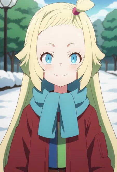 1girl, solo, long hair, blue eyes, blonde hair, coat, fur coat, gloves, winter clothes, (scarf:1.2) <lora:PonyXL Memempu V1:1>, score_9, score_8_up, score_7_up, score_6_up, score_5_up, score_4_up , anime coloring ,BREAK source_anime, anime,
looking at viewer, smile, upper body
outdoors, winter, snow,