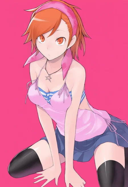 masterpiece, best quality, solo, 1girl, , looking at viewer, <lora:Yuzu-illus_Fp:1>, yuzu, short hair, orange hair, orange eyes, bandana, pink camisole, bandeau, skirt, thighhighs, star necklace, <lora:Yasuda-Suzuhito-illus_Fp:1>, simple background, wariza,