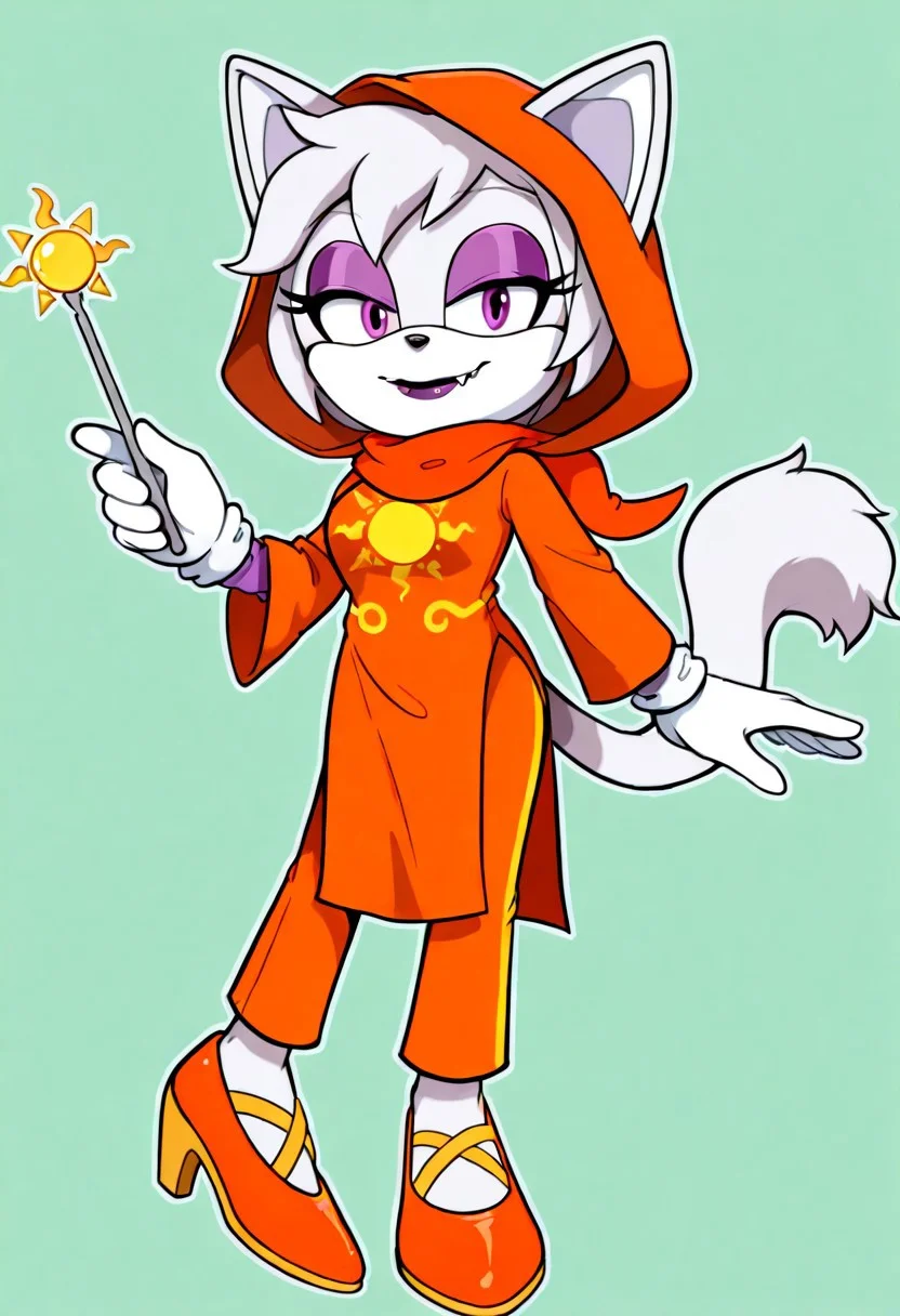 zPDXL3, zPDXLxxx, score_9, score_8_up, score_7_up, 8k, absurd res, handfixer, cowboy shot, 1girl, onmodelblobian, sonic (series), Rose Lalonde, looking at viewer,<lora:Rose_Lalonde_Homestuck_-_Illustrious_-_5_canon_outfits:1.1>, masterpiece, detailed, intricate details, breasts, short hair, simple background, rosegod, orange clothes, robe, scarf, hood, sun print, pelvic curtain, orange pants, gloves, rainbows rain candy river background, cat ears, grinning, feline fangs, floating, holding a wand, full body, white gloves, hand up, high heels, orange clothes, makeup, happy, orange footwear, lipstick, furry, eyeshadow, furry female, white mauve fur, animal nose, eyeliner, cat ears, white hair, purple eyes, cleavege, big breast, cat fluffy tail