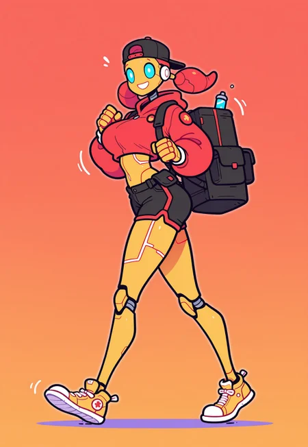 1girl, slim android girl, robot woman, long legs, mechanical thighs, gold body, red accents, sci-fi delivery uniform, red clothing, cropped hoodie, shorts, red pigtails, backwards hat, (huge backpack:1.1), hip bag, smiling brightly, glowing lines, glossy finish, skinny legs, large breasts, running, speedy, motion lines, gold sneakers, tall, Flatline, Flat vector illustration, 5p4rr0w, artist style