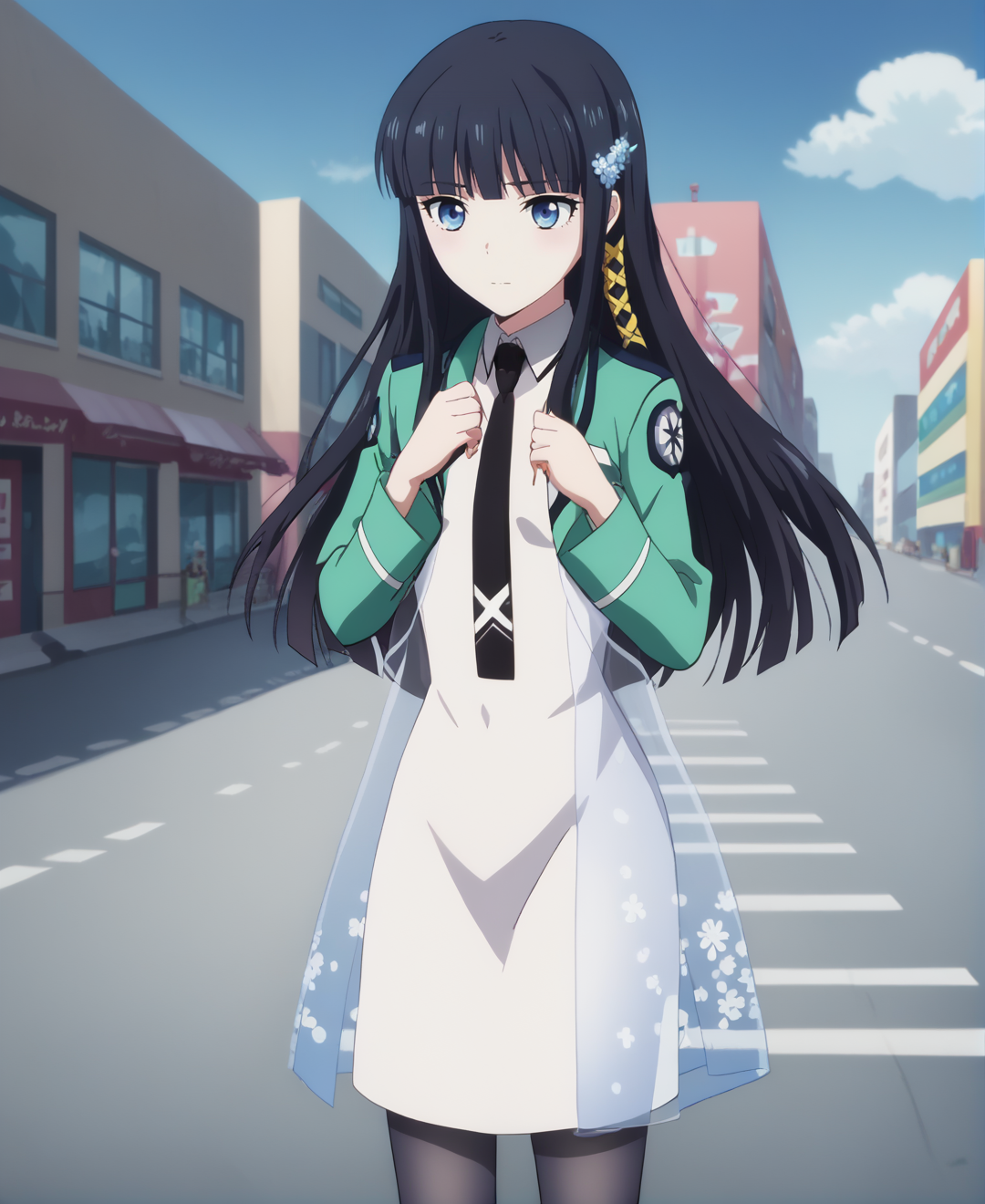 score_9,score_8_up,score_7_up,score_6_up,source anime BREAK, anime screencap,
1girl,standing, solo, 
shiba miyuki, black hair, blue eyes, long hair, hair ornament, blunt bangs,
first high school uniform, white dress, black necktie, city, black pantyhose, see-through dress,
 <lora:Anime Screencap_epoch_10:1.2>   <lora:ShibaMiyuki_c:1>