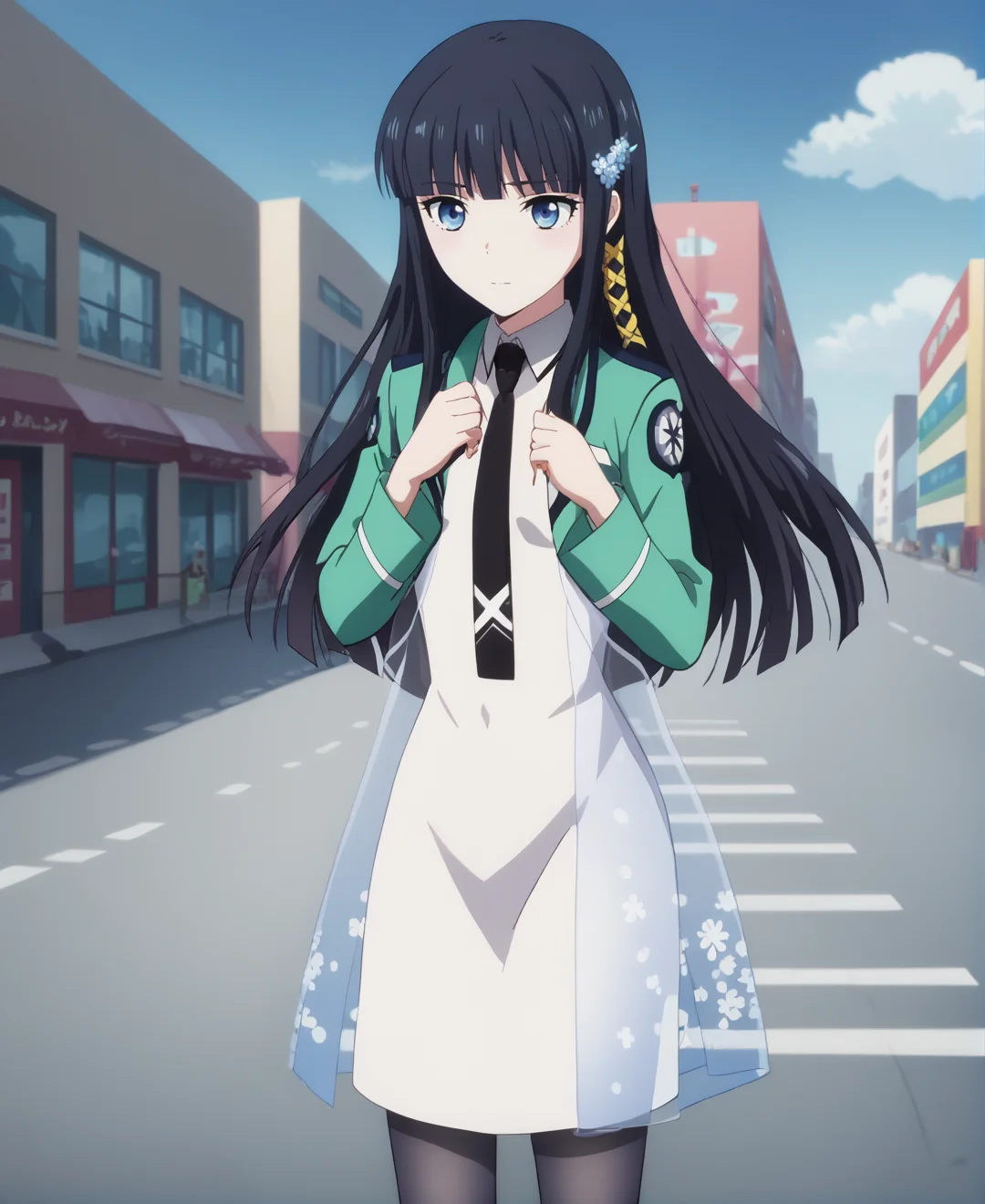 score_9,score_8_up,score_7_up,score_6_up,source anime BREAK, anime screencap,
1girl,standing, solo,
shiba miyuki, black hair, blue eyes, long hair, hair ornament, blunt bangs,
first high school uniform, white dress, black necktie, city, black pantyhose, see-through dress,
<lora:Anime Screencap_epoch_10:1.2> <lora:ShibaMiyuki_c:1>