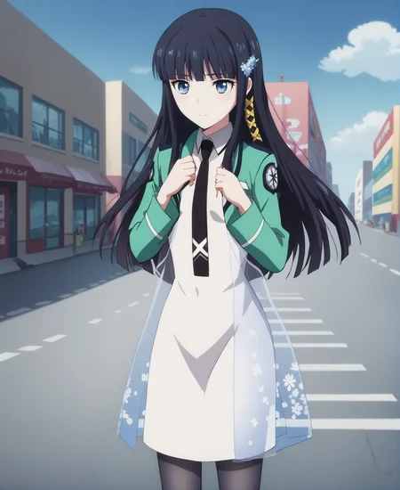 score_9,score_8_up,score_7_up,score_6_up,source anime BREAK, anime screencap,
1girl,standing, solo, 
shiba miyuki, black hair, blue eyes, long hair, hair ornament, blunt bangs,
first high school uniform, white dress, black necktie, city, black pantyhose, see-through dress,
 <lora:Anime Screencap_epoch_10:1.2>   <lora:ShibaMiyuki_c:1>