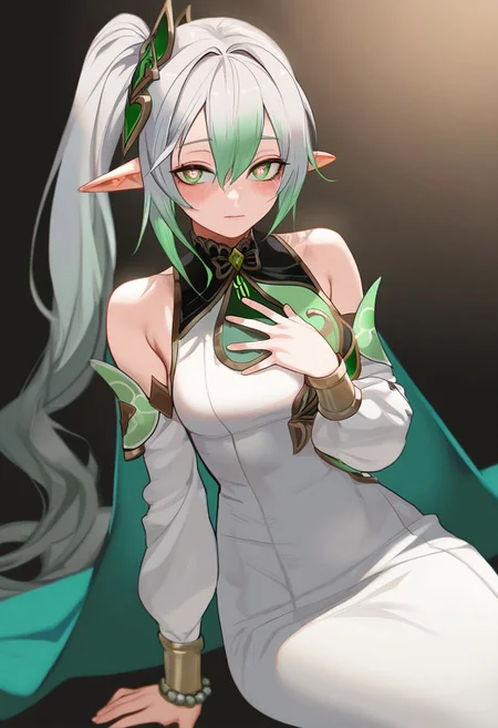masterpiece, best quality, very aesthetic, high resolution, ultra-detailed, absurdres, newest, extremely detailed eyes, beautiful, perfect lighting, hi res, amazing quality, NEWTRVL_ST, 1girl, solo, long hair, bangs, hair ornament, dress, hair between eyes, jewelry, green eyes, white hair, grey hair, multicolored hair, detached sleeves, green hair, pointy ears, cape, white dress, side ponytail, bracelet, symbol-shaped pupils, gradient hair, hand on own chest, green cape