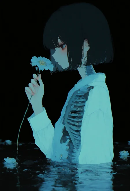 masterpiece, best quality, good quality, very awa, momowaa,
1girl, solo, short hair, shirt, black hair, long sleeves, holding, white shirt, upper body, flower, water, from side, profile, black background, bug, fish, partially submerged, holding flower, dark, ribs, skeleton
<lora:ai_styles_collection_noob_eps-1.1_v3.1:1>