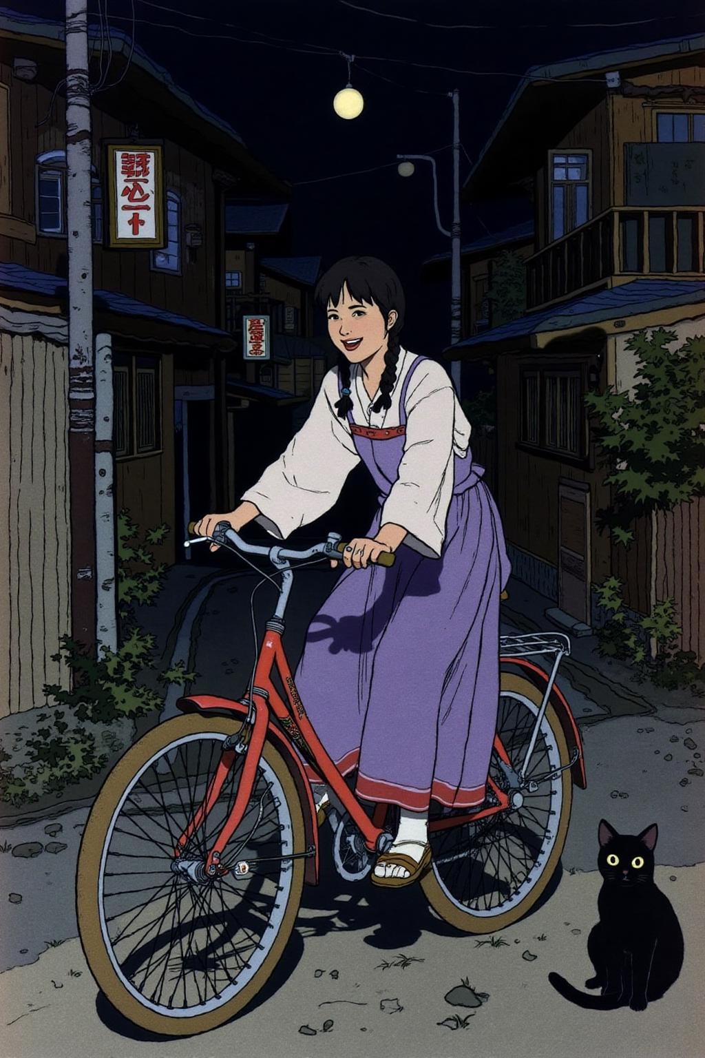 ivanbilibin1 illustration.
A Japanese school girl riding a old style bicycle through a narrow, quiet street at night. The happy woman wears a simple, flowing purple dress. In the corner, a small black cat with piercing eyes sits watching her quietly. The mood is tranquil and slightly magical.    <lora:ivanbilibin2_cap_d6a3e11:1.0><lora:857362947075239906:0>