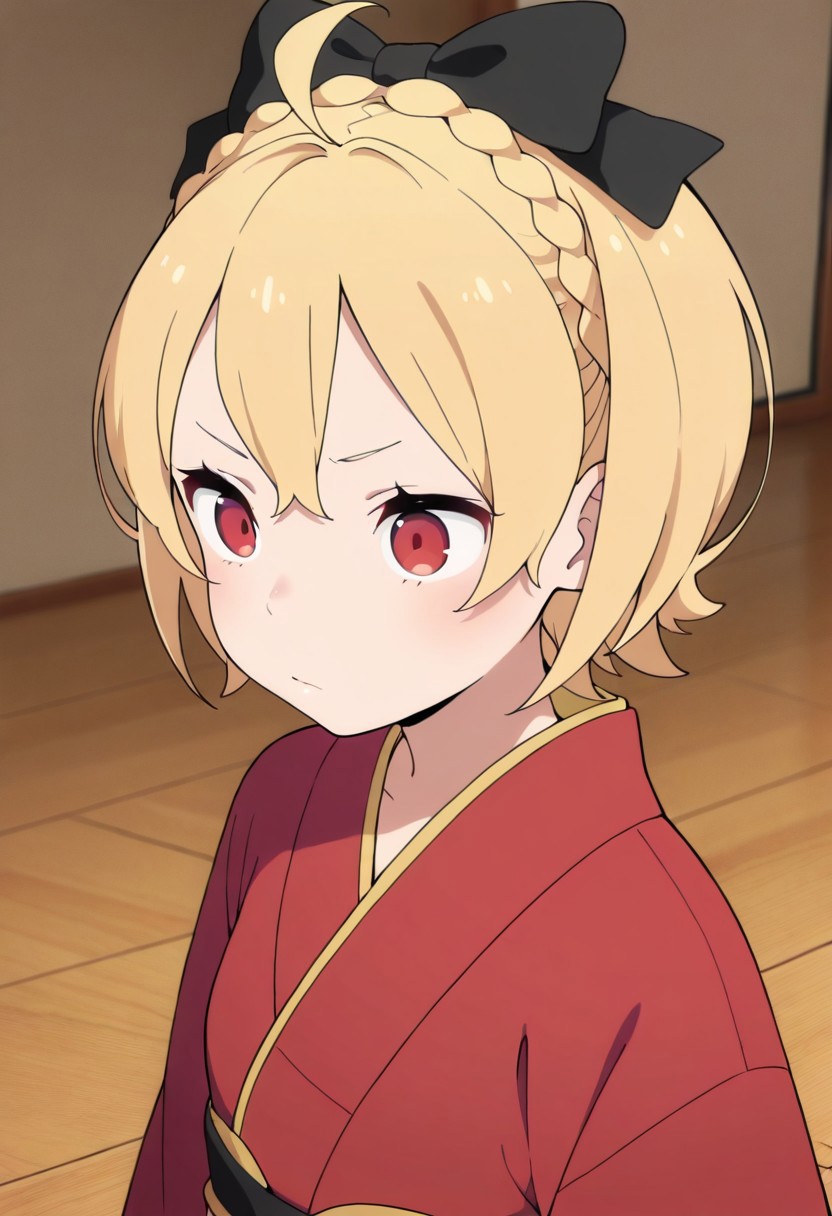 masterpiece,best quality,amazing quality,  felt, short hair, blonde hair, red eyes, 1girl, solo, braid, japanese clothes, kimono, bow, black bow, ahoge, hair bow, closed mouth, upper body, wooden floor