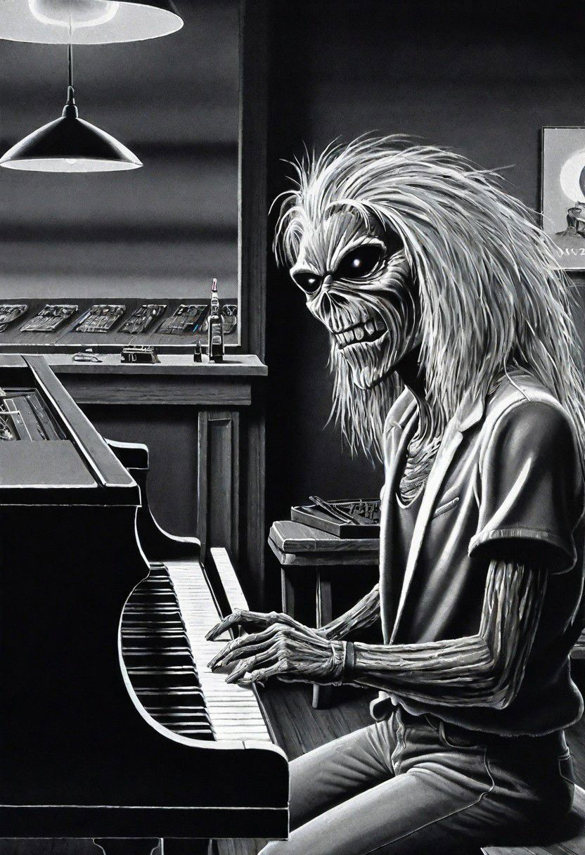 black and white illustration, masterpiece, top quality, best quality, highest quality, highest detailed, Simon Stlenhag Style, hmvi style, close up, Ink art of a monster, sitting in front of a piano in a small jazz club, iron maiden poster 1988, an airbrush painting,