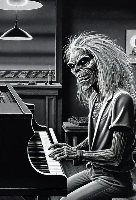 black and white illustration, masterpiece, top quality, best quality, highest quality, highest detailed, Simon Stlenhag Style, hmvi style, close up, Ink art of a monster, sitting in front of a piano in a small jazz club, iron maiden poster 1988, an airbrush painting,