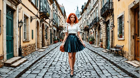 Dee_Glover, 1girl, (style of Brandon Woelfel, Neon Colors, Dreamlike Lighting, Conceptual Portraits, Bold Contrast, Cinematic Photography:0.9) BREAK (woman with medium hair and bangs), (style of Saul Leiter), 1950s France, woman with vibrant orange-red hair, soft waves and bangs, wearing a classic pleated flirty short skirt in deep navy blue, tucked blouse in crisp white with short sleeves, subtle vintage details, narrow cobblestone street in a quiet town, small shops and weathered facades in pastel tones, muted midday light, gentle shadows, relaxed posture, holding a small leather satchel, vintage shoes in a deep brown, warm and nostalgic color palette, soft textures, French countryside ambiance, timeless mid-century charm, thoughtful expression, subtle elegance,