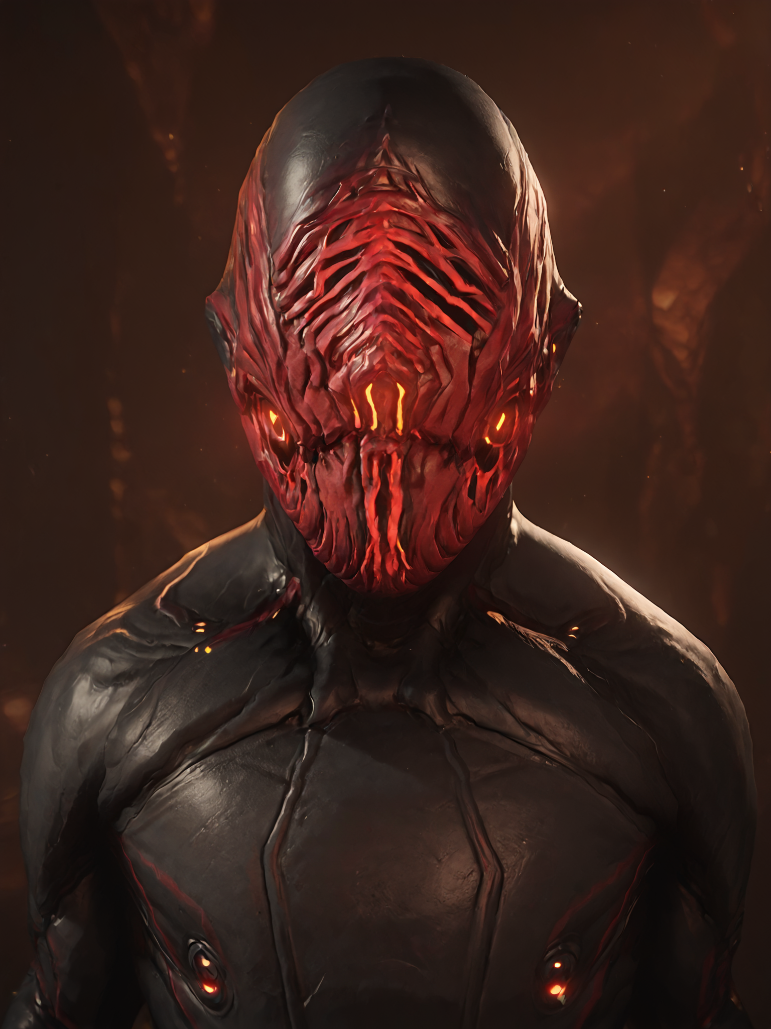 score_9, score_8_up, score_7_up, score_6_up, score_5_up, score_4_up, 3d, detailed background, cave, black background, front view, portrait, close-up BREAK
<lora:StalkerWF_PDXL:0.8> StalkerWF, black body, red mask, looking at viewer, eyeless, mouthless, red glow