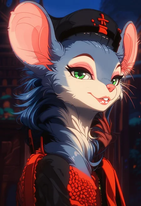 score_9, score_8_up, score_7_up, score_6_up, [][][][][] (((mouse))), (feral), furry, female, solo, (fluffy:0.8), (fluffy cheeks:0.4), cute, [][][][][] (frilly shirt, suspenders, black flat cap), grey fur, grey ears, green eyes, [][][][][] flat color, in the style of Beatrix Potter, [][][][][] cel-shading, backlit, (cool color pallet), (head and shoulder portrait, head focus, close up:1.6), (side view), look at viewer, detailed fur, [][][][][] outdoors, standing, night sky, smile, village,, GLSHS, HRMN