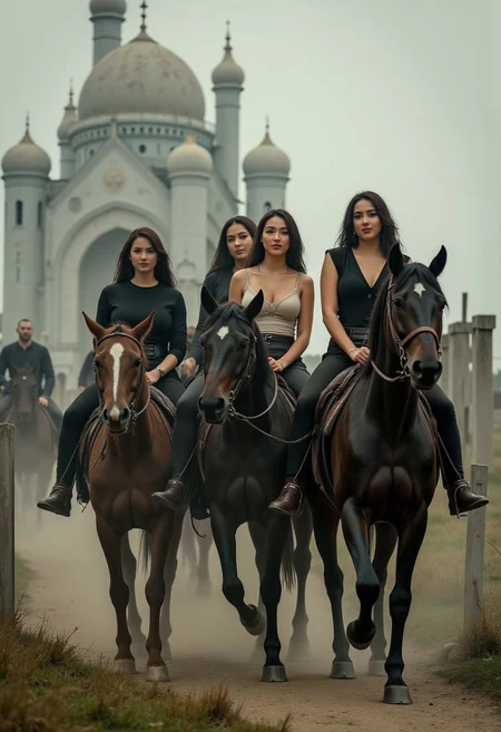 four beautiful women on horses representing the four horsemen of the apocalypse. A dystopian scene as the women ride the horses.