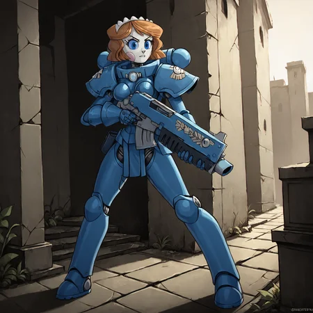 score_9,score_8_up,score_7_up,score_6_up BREAK solo,1girl,robot,emmytr,blue eyes,brown hair,full body,holding a bltgun bolter weapon,looking at viewer,Sororitas,s0r0r1t@s,armor,shoulder armor,power armor,<lora:Emmy_Emmy_the_Robot_commission:0.8>,<lora:Sororitas:1>,Sororitas,s0r0r1t@s,<lora:Bolter_-_Warhammer_40000_Pony_SDXL:1>,a bltgun bolter weapon,building ruins,ruins,serious,