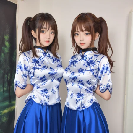 upper body,2 girls,side by side, one girl Body facing front,((the other girl Body facing back)), blush,black collar,arms behind back,wrist hung up the collar behind by Black nylon tape,white Chinese style blouse, breasts apart,large breasts, small waist,great hips,blue silk maxi skirt,The fabric of the dress is smooth and flat,