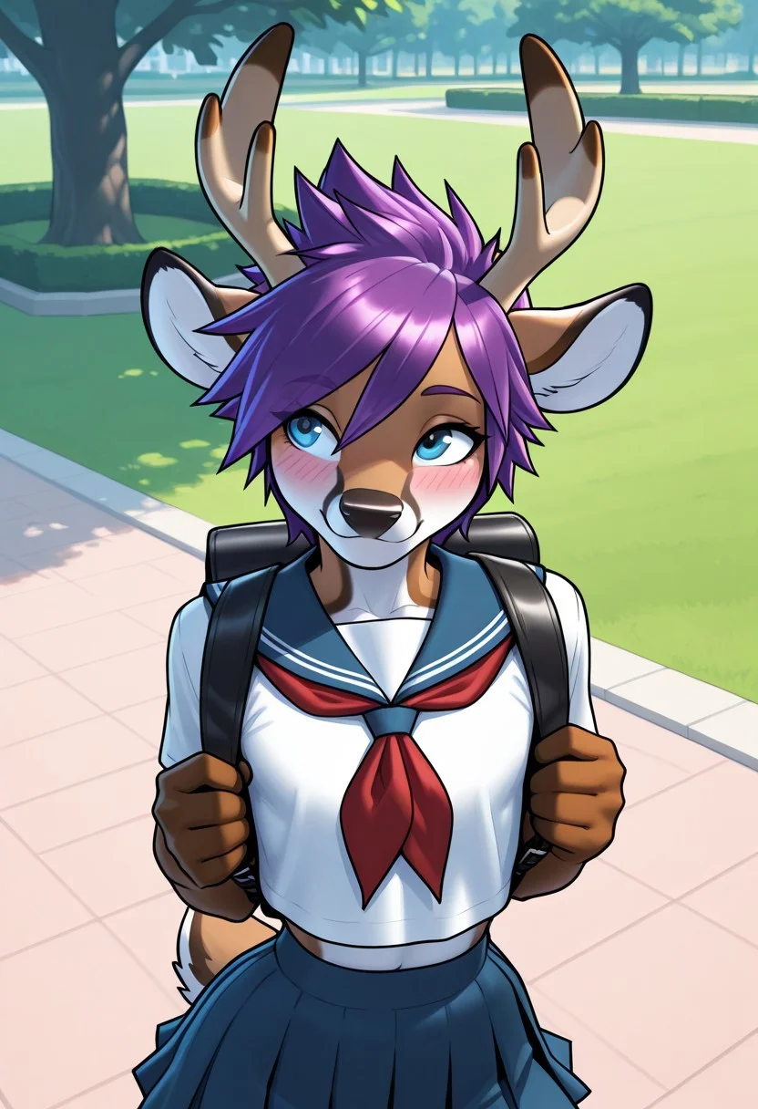 1boy, solo, otoko no ko, femboy, furry male, deer man, ears, tail, blue eyes, narrow waist, purple hair, short hair, spiky hair,
looking up, blushing, smile, looking to the side, backpack, school uniform, miniskirt, upper body focus, park,
perfect face, gorgeous face, flawless,
masterpiece, high quality, Gideon, 91d30n, by sigma_x,