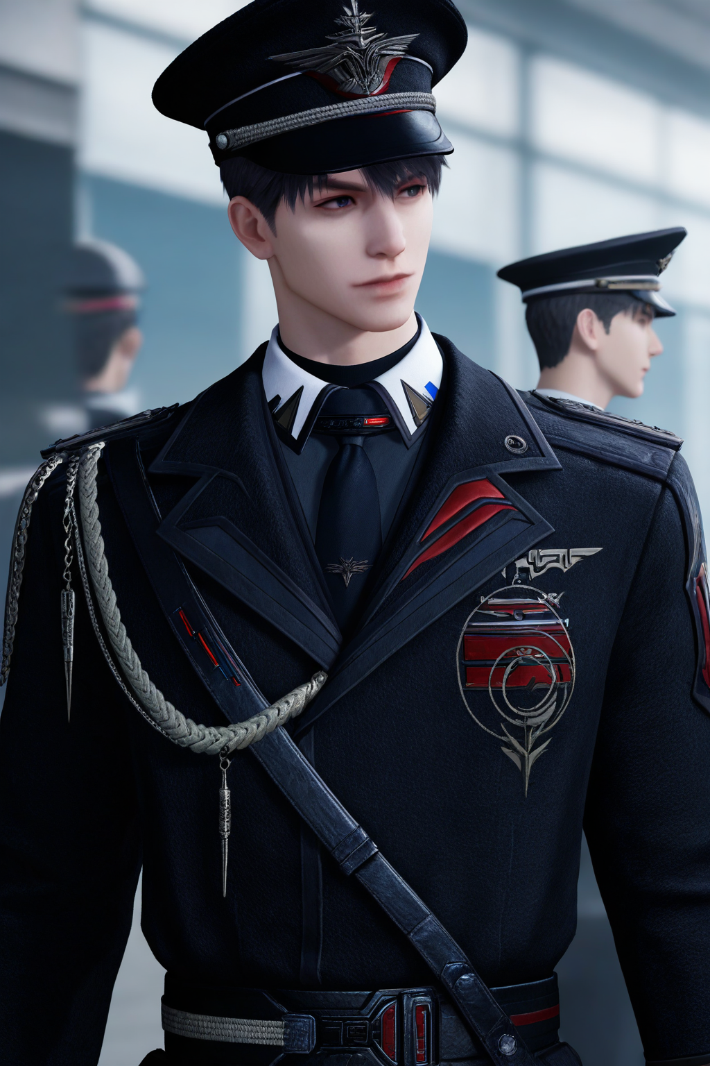 <lora:caleb-NAI:0.7>,caleb, 1boy, male focus, solo, short hair, shirt, upper body, necktie, jacket, black necktie, Farspace Colonel, blurry, collared shirt, uniform, blurry background, hat, military, military uniform, military hat, peaked cap, black jacket, looking to the side, police, black hair, yaoi,bara,male focus,very awa,masterpiece,best quality,amazing quality,nsfw,uncersored,highres,best quality,amazing quality,best aesthetic,absurdres,
