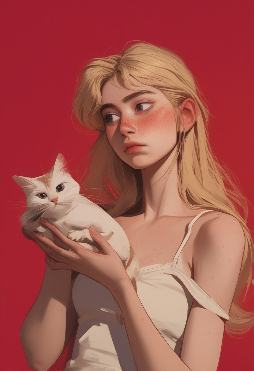 1girl, pretty face, freckles, manic pixie, long blonde hair, straight hair, 
white tank top, bra strap, holding a cat,
FOV medium shot, 
simple pastel red background,
score_9,score_8_up