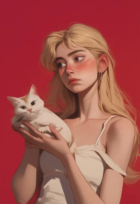 1girl, pretty face, freckles, manic pixie, long blonde hair, straight hair,
white tank top, bra strap, holding a cat,
FOV medium shot,
simple pastel red background,
score_9,score_8_up