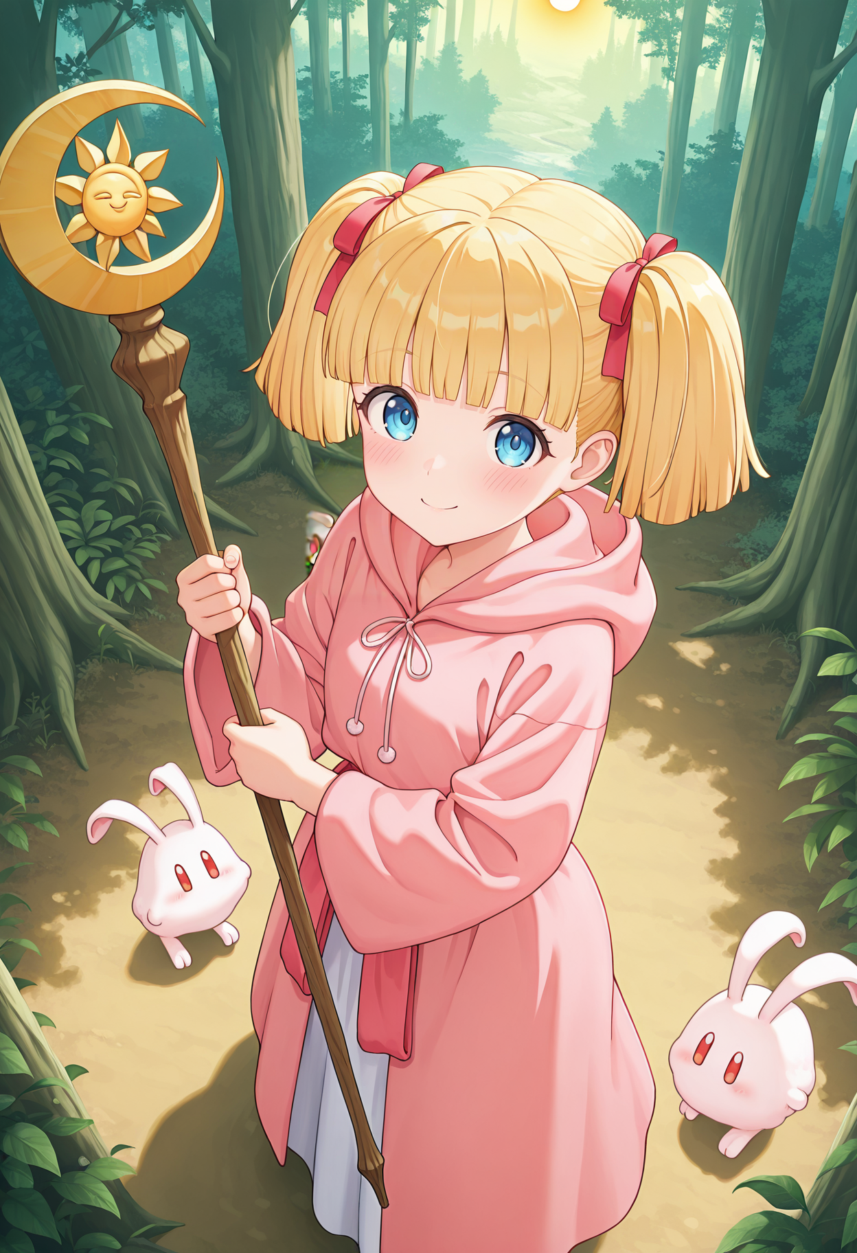 highres, best quality, masterpiece, outdoors, forest,
1girl, solo, rurupom, short twintails, blonde hair, blue eyes, blunt bangs, ribbon, hair ribbon,
hood, pink robe, 
holding staff, sun symbol, crescent, 
creature, rabbit,
looking at viewer, blush, smile,
standing,
official art, from above,
<lora:_ruru_comupom-elesico-ilxlE:1>
