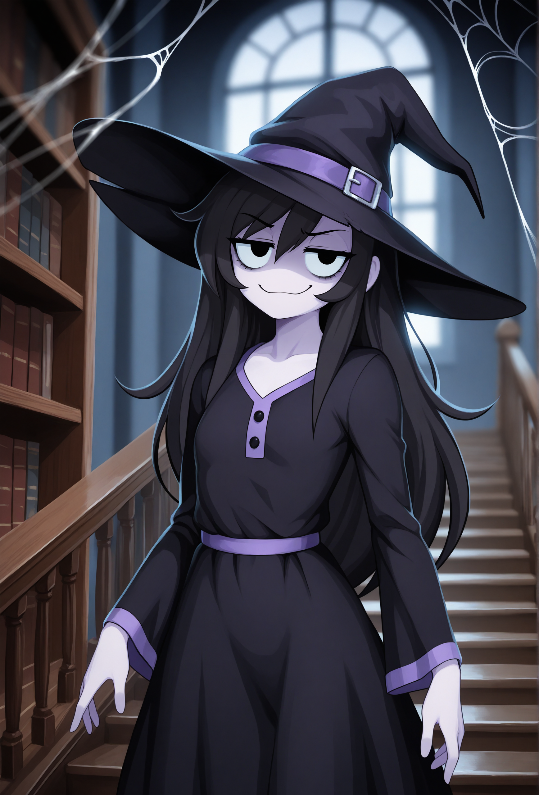 masterpiece,best quality,amazing quality, <lora:rosemary_cabronpr_noob_vpred_v1.1f:0.7> rosemary, 1girl, solo, black eyes, no nose, long hair, bags under eyes, smug, jitome, witch hat, witch, looking at viewer, shaded face, BREAK
(depth of field:1.3), black dress, purple trim, haunted mansion, cobwebs, spider web, stairs, railing, bookshelf, dark, low lighting, dim lighting, crepuscular rays, (colored skin:0.7) <lora:marblesoda_style_illustrious_v1f:0.8> marblesodastyle