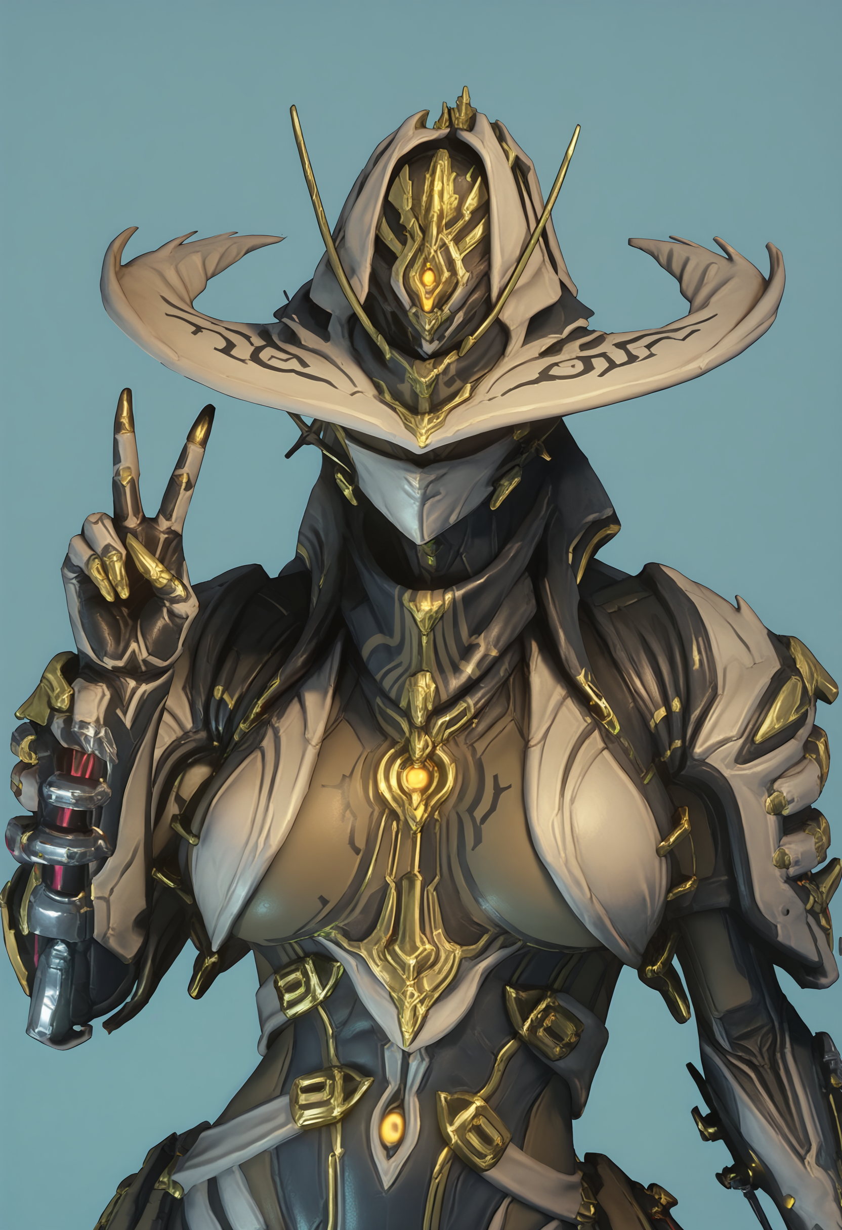 score_9, score_8_up, score_7_up, score_6_up, score_5_up, score_4_up, 1girl, <lora:MesaPrime:0.85> solo, large breasts, robot, cyborg, no humans, hat, mask, bodysuit, helmet, armor, upper body, v sign, 
(light blue background:1.2), simple background,