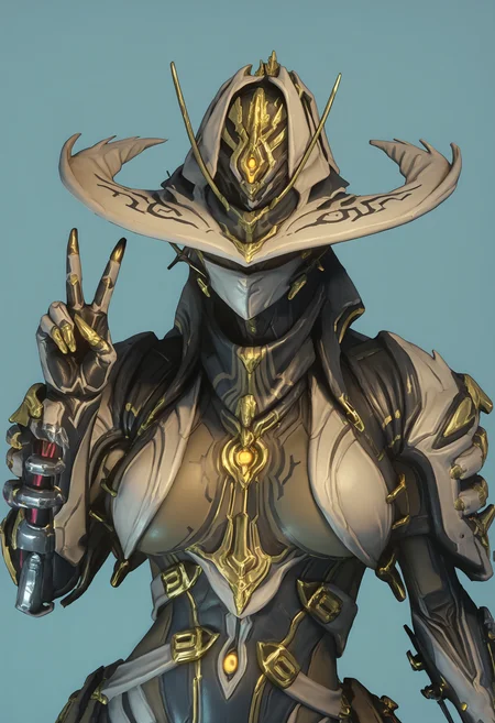 score_9, score_8_up, score_7_up, score_6_up, score_5_up, score_4_up, 1girl, <lora:MesaPrime:0.85> solo, large breasts, robot, cyborg, no humans, hat, mask, bodysuit, helmet, armor, upper body, v sign,
(light blue background:1.2), simple background,