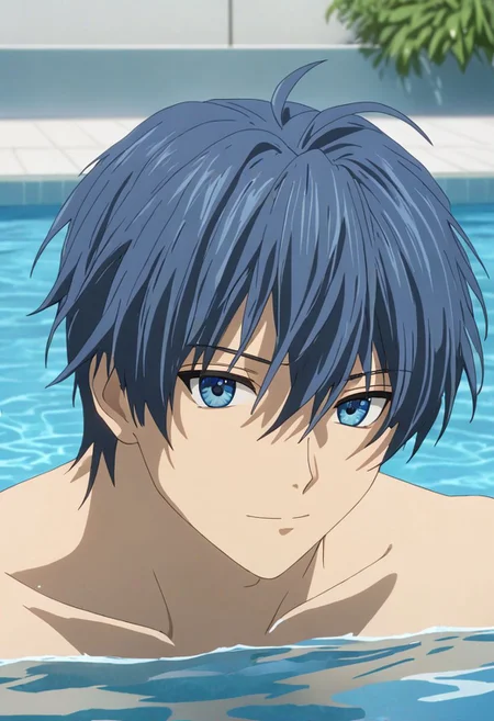 Anime Style, easynegative, detailed_eye_model, Highres, Masterpiece, High Quality, 4K, 8K, solo, 1boy, Tomoya Okazaki, Deep Blue Eyes, Grey Blue Hair, swimming pool, clear water, swimming, happy, calm, shirtless,