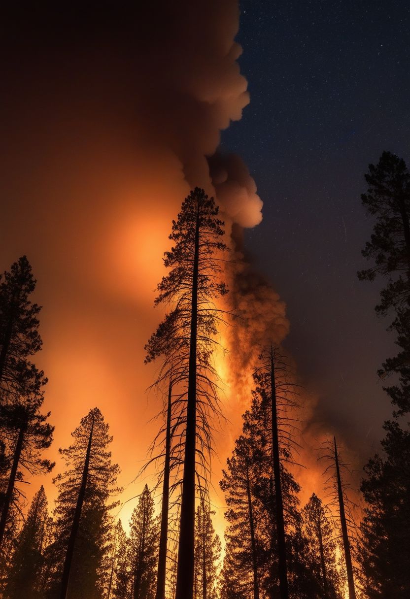 super detailed, award winner photo, wildfire, night, thunder struck, tall trees,