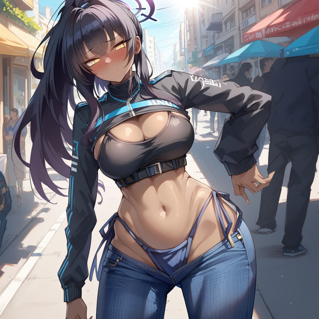 score_9, score_8_up, score_7_up, source_anime, expressive, anime, Artist speedlines, dynamic, 1woman, (Karin_(Blue Archive)), (dark-skinned_female:1.2), yellow eyes, meme_attire, (bikini_jeans:1.0), pants, panties, side-tie panties, highleg_bikini, clothing cutout, denim, lowleg_pants, denim_bikini,blush, blushing, embarrassed,  b3hindcurt4in, outdoors, urban, sunlight, light filtering,