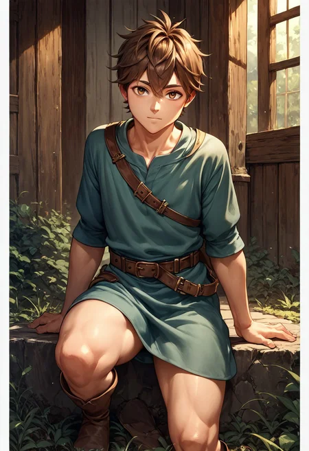 score_9, score_8_up, score_7_up, 1boy, solo,  cute boy, brown hair, brown eyes, tunic, belt, bare thighs, boots
